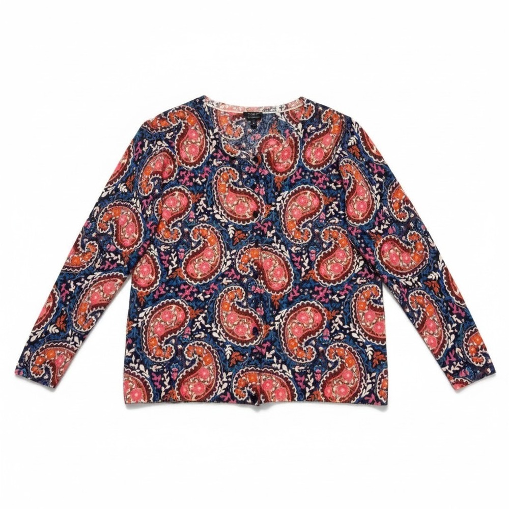Talbots Cardigan Women 1X Multicolor Paisley Merino Wool Button Front Sweater